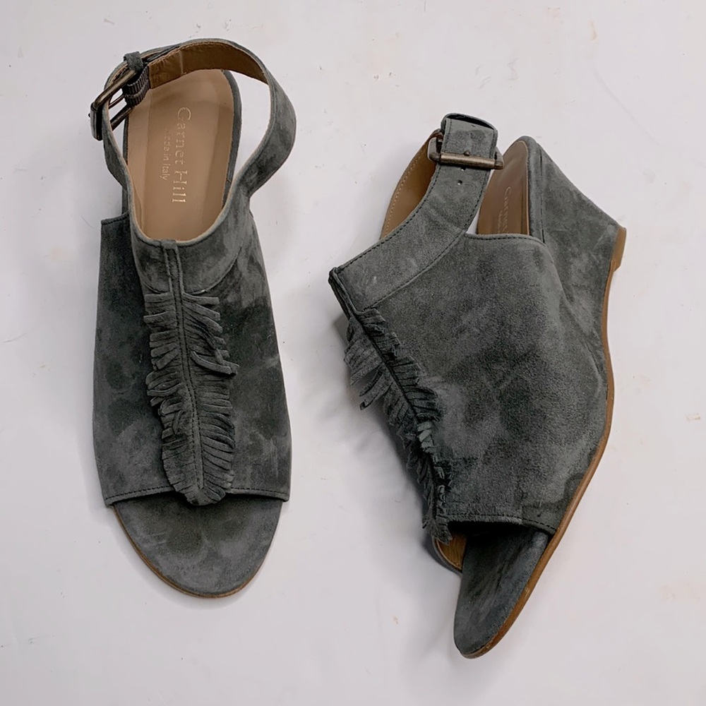 Garnet Hill Carmella Gray Suede Fringe Wedges Sandals Shoes S-022 Sz 8